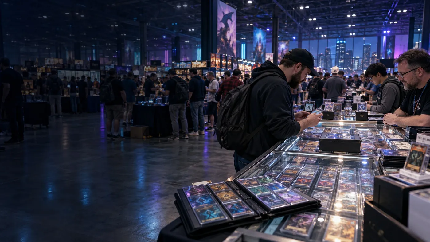 A busy card-show hall with dealer tables